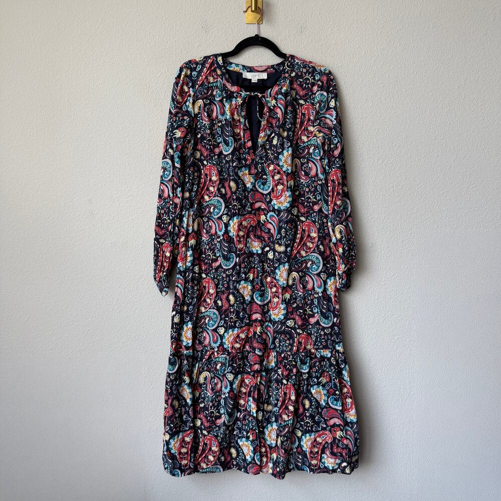 LOFT Multicolor Cotton Paisley Floral Whimsical Midi Dress Size XS - Picture 2 of 5
